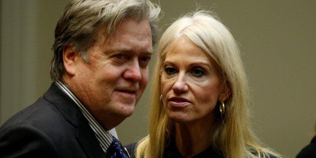 U.S. President Donald Trump's chief strategist Steve Bannon (L) and senior aide Kellyanne Conway speak at meeting hosted by Trump with cyber security experts in the Roosevelt Room of the White House in Washington, U.S., January 31, 2017. REUTERS/Kevin Lamarque