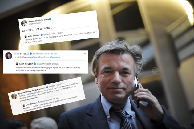 Un montage d'Alain Houpert après son élection au Sénat en 2008 et des messages en réaction à son tweet.