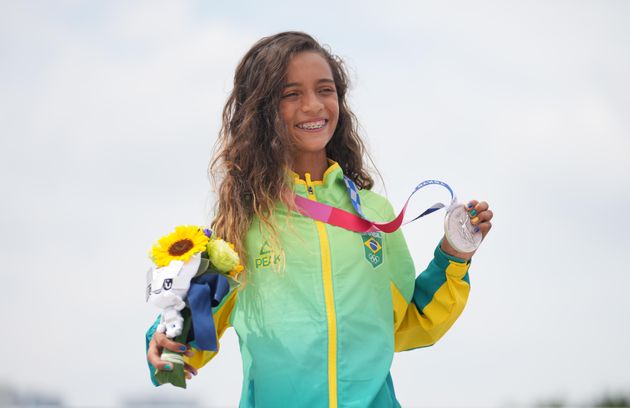 Rayssa Leal of Brazil at Monday's awards ceremony at the Tokyo Olympics. The 13-year-old earned a silver medal in the women's street skateboarding event.
