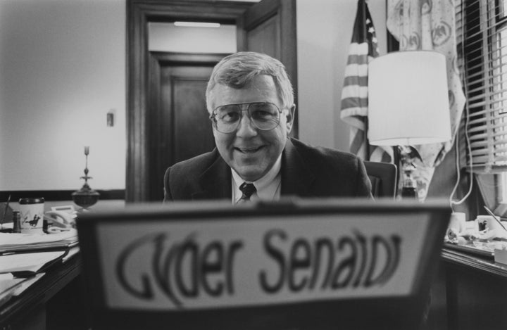Sen. Mike Enzi, R-Wyo., the 'Cyber Senator' proposing to bring a laptop computer onto the Senate floor, on April 24, 1997.&nb