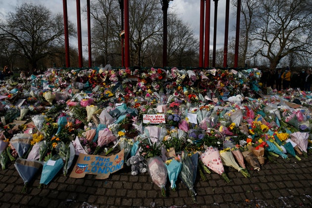 Flowers and candles placed on Clapham Common for Sarah Everard on March 14, 2021. 