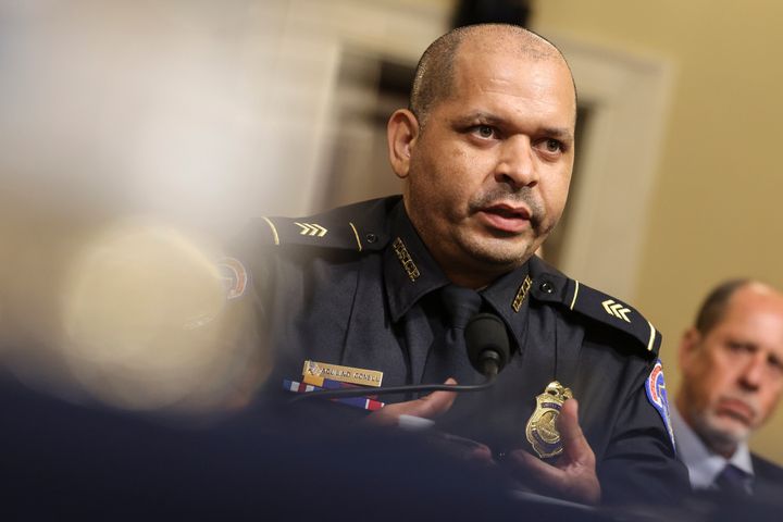 U.S. Capitol Police officer Sgt. Aquilino Gonell testifies before the House Select Committee investigating the Jan. 6 attack on the U.S. Capitol on July 27.