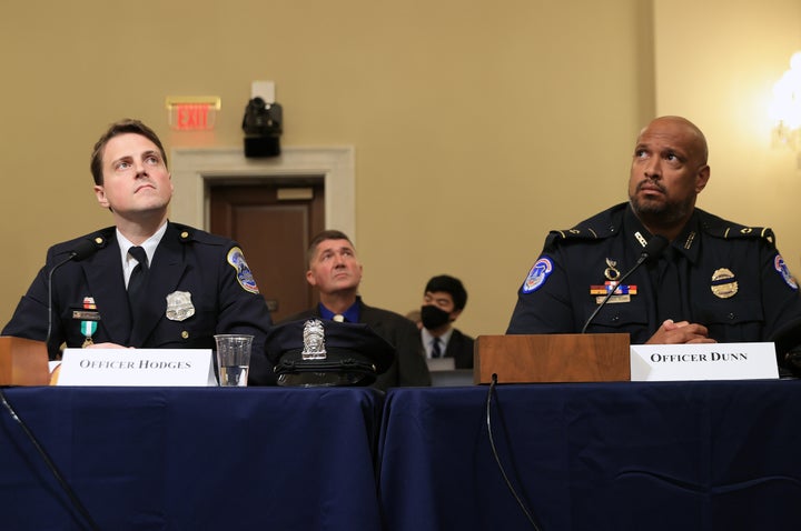 D.C. Metropolitan Police officer Daniel Hodges (left) and U.S. Capitol Police Officer Harry Dunn testify before the House select committee.