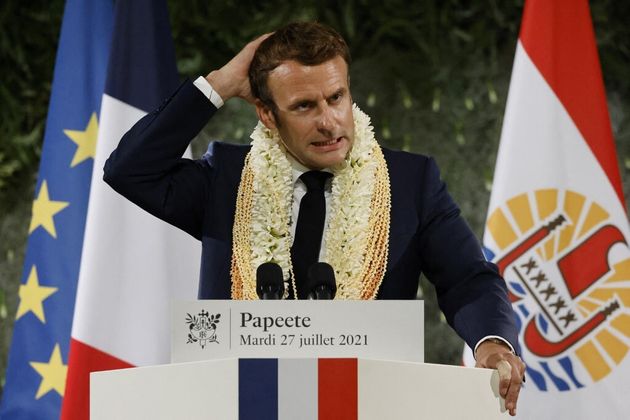 Emmanuel Macron lors de son discours à Papeete en Polynésie Française, le mardi 27 juillet. (Photo by Ludovic MARIN / AFP)