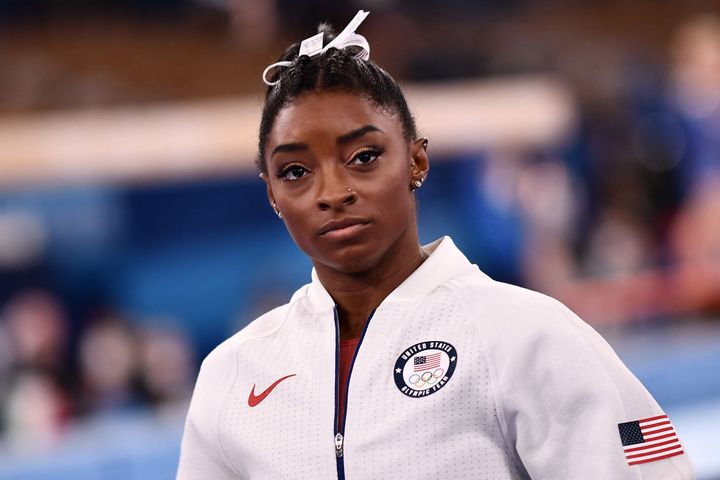 USA's Simone Biles waits for the final results of the artistic gymnastics women's team final during the Tokyo 2020 Olympic Games