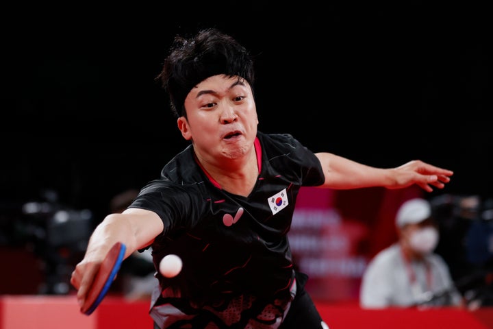 Jeoung Youngsik, pictured in action at the Olympics on Wednesday, was the subject of racist comments by a Greek TV commentator who got dismissed.