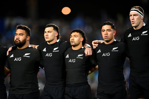Nepo Laulala, David Havili, Richie Mo’unga, Anton Lienert-Brown et Brodie Retallick lors d'un match entre la Nouvelle-Zélande et les Fidji, le 17 juillet 2021 à Hamilton.