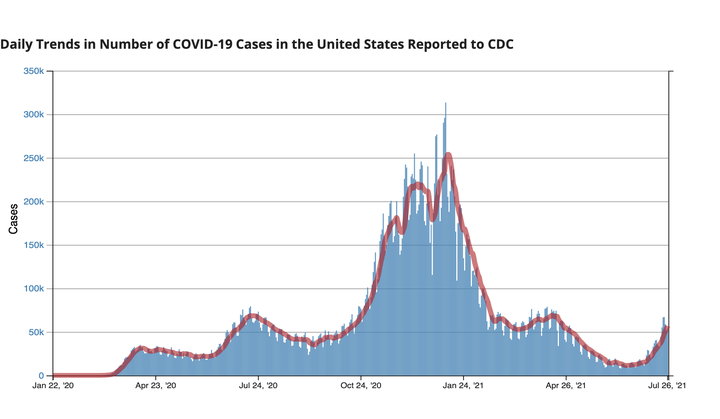 Coronavirus cases have been rising in the U.S. in recent weeks. The CDC says the delta variant of the virus, which is more contagious than others, currently makes up the majority of new cases.