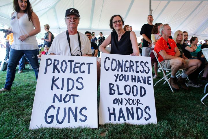 Anti-gun violence banners are seen during a March for our Lives Rally in Newtown, Connecticut in 2018.