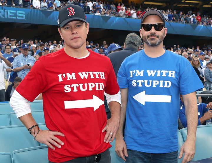 Matt Damon and Jimmy Kimmel attend Game 5 of the Boston Red Sox v. Los Angeles Dodgers World Series on Oct. 28, 2018, in Los Angeles, California.