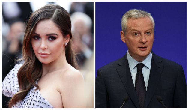 A gauche: Nabilla sur le tapis rouge du Festival de Cannes, le 22 mai 2019. A droite: Le ministre de l'Économie, Bruno Le Maire s'exprimant à Paris, le 8 avril 2021.