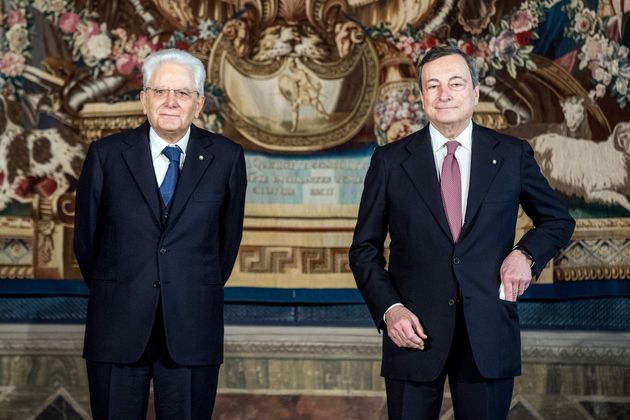 ROME, ITALY - FEBRUARY 13: Italian President Sergio Mattarella(C) and Italian Prime Minister Mario Draghi...