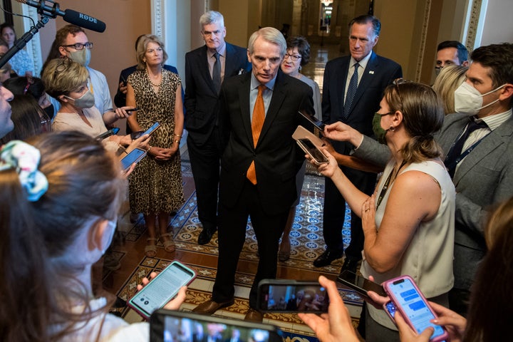 From left to right, Republican Sens. Lisa Murkowski (Alaska), Bill Cassidy (La.), Rob Portman (Ohio), Susan Collins (Maine) and Mitt Romney (Utah) announce that they reached an infrastructure bill agreement with Democrats on Wednesday.