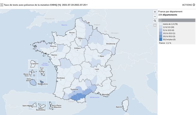 La présence du variant Beta (mutation E484Q dans les tests séquencés réalisés en France à la date du 25 juillet 2021.