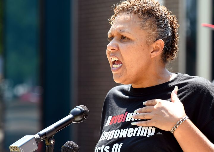 Community activist Candice Bailey speaks during a news conference in Aurora, Colorado, on Wednesday, July 28, 2021. Local activists and former members of Aurora's community police task force gathered to call attention to police brutality.