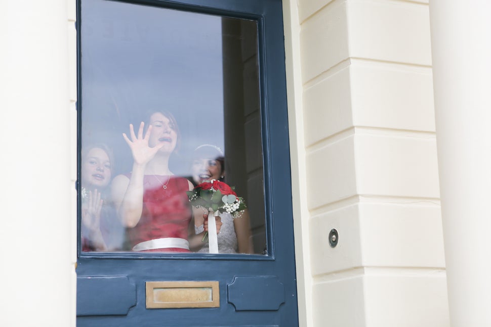 Gemma Flinders with her sisters Tamsin and Milly before her Brighton wedding in July 2016.