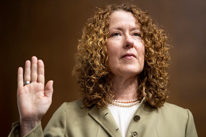 Tracy Stone-Manning is sworn in during her confirmation hearing before the Senate Energy and Natural Resources Committee in Washington on June 8. The longtime environmental policy expert was narrowly confirmed as the next director of the Bureau of Land Management.