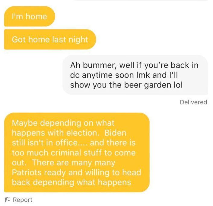 Andrew Taake suggested on Bumble that he might be back for Biden's inauguration.