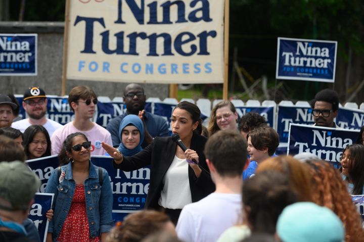 Rep. Alexandra Ocasio-Cortez (D-N.Y.) speaks in support of Nina Turner in Cleveland on July 24. Her visit was part of a massive push for Turner by left-wing activists and politicians.