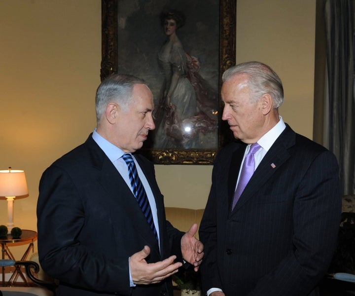 Then-Vice President Biden, right, meets with then-Israeli Prime Minister Benjamin Netanyahu in 2010. Pro-Israel groups pressure Democrats to be as supportive of Israel as Biden.