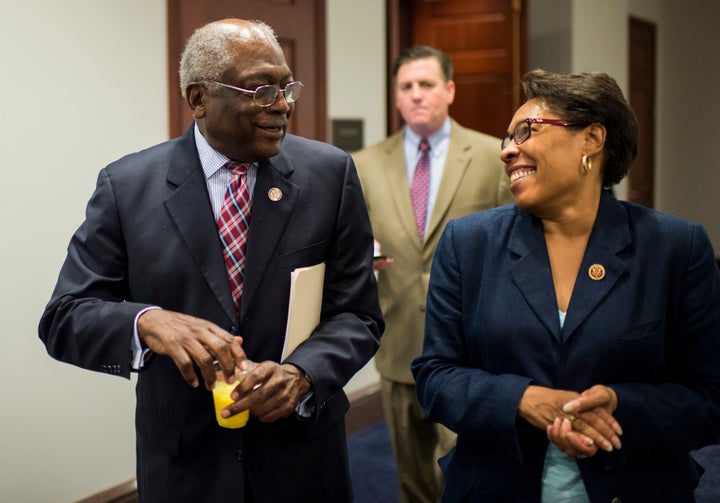 Rep. Jim Clyburn (D-S.C.), left, chats with then-Rep. Marcia Fudge (D-Ohio) in 2013. Clyburn has taken a keen interest in the race to succeed Fudge, who is now HUD secretary.