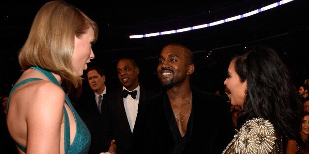 LOS ANGELES, CA - FEBRUARY 08: Taylor Swift, Jay Z, Kanye West and Kim Kardashian West attend The 57th Annual GRAMMY Awards at STAPLES Center on February 8, 2015 in Los Angeles, California. (Photo by Kevin Mazur/WireImage)