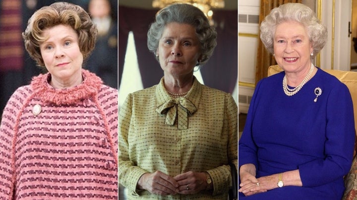 Imelda Staunton en 'Harry Potter', la actriz en 'The Crown' y la reina Isabel II.