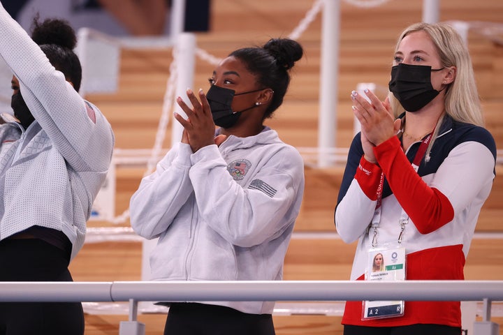 Simone Biles and MyKayla Skinner cheered on Sunisa Lee in the women's all-around.