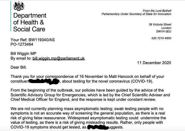 Lord Bethell letter on asymptomatic testing risks