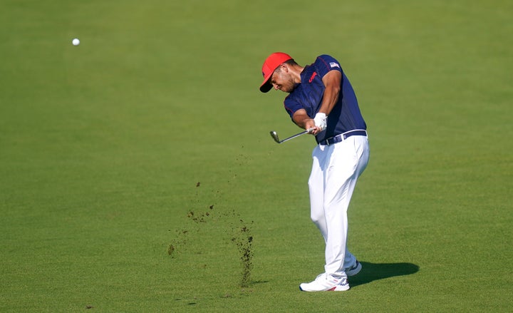 USA's Xander Schauffele in action on the eighteenth hole during the Men's Individual Stroke Golf Tournament at the Kasumigase