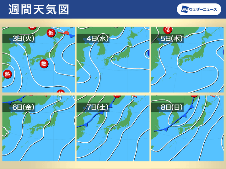 週間天気図 8月3日(火)～8月8日(日)