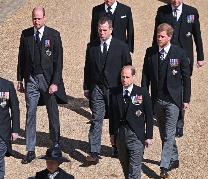 Prince William, Peter Phillips and Prince Harry follow the Duke of Edinburgh's coffin during his funeral procession to St. George's Chapel at Windsor Castle on April 17.