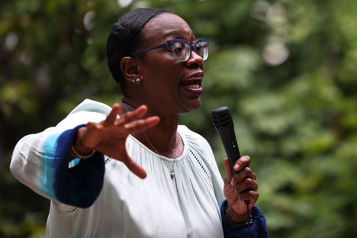 U.S. Congressional candidate Nina Turner speaks to a crowd of volunteers before a Get Out the Vote canvassing event on July 30, 2021 in Cleveland Heights, Ohio. A special election is set for Aug. 3 for Ohio's 11th congressional district primary.