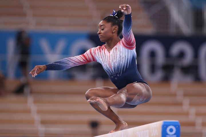 Simone Biles competes in the women's balance beam final on day 11 of the Tokyo 2020 Olympic Games.