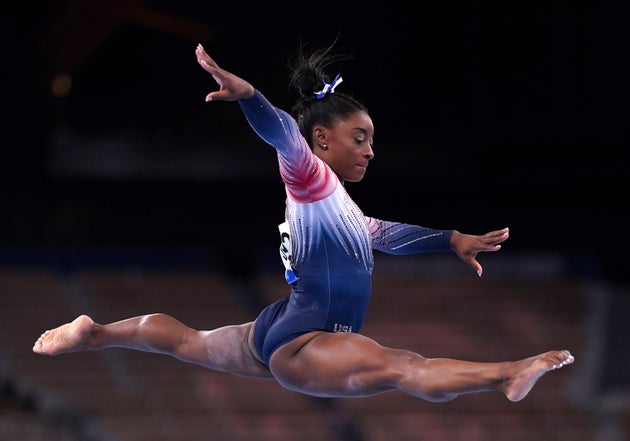 USA's Simone Biles in the Women's Balance Beam Final at Ariake Gymnastic Centre on the eleventh day of the Tokyo 2020 Olympic Games in Japan. Picture date: Tuesday August 3, 2021. (Photo by Mike Egerton/PA Images via Getty Images)