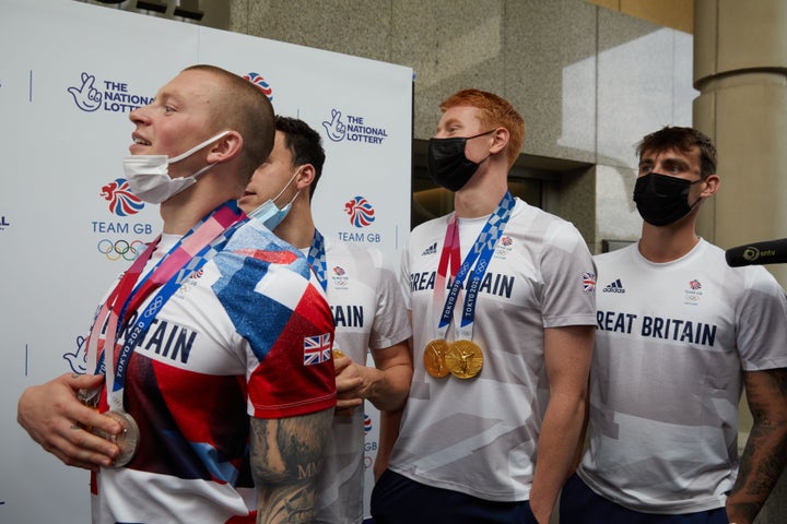 Adam Peaty, James Guy, Tom Dean and Jacob Peters arriving at Sheraton Heathrow Hotel on August 02, 2021.