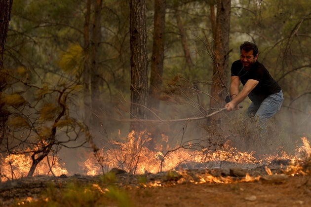 A man tries to extinguish a fire near the Cardak neighbourhood of Manavgat district of Antalya, Turkey.