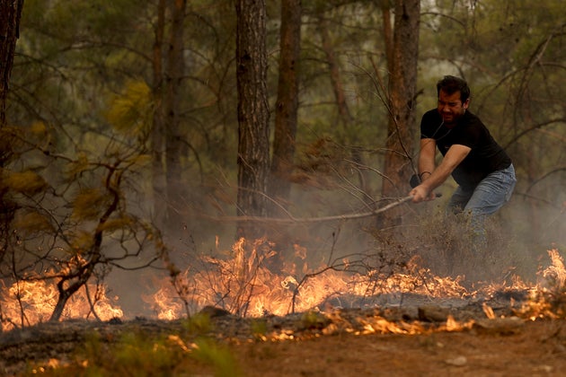 A man tries to extinguish a fire near the Cardak neighbourhood of Manavgat district of Antalya, Turkey. 