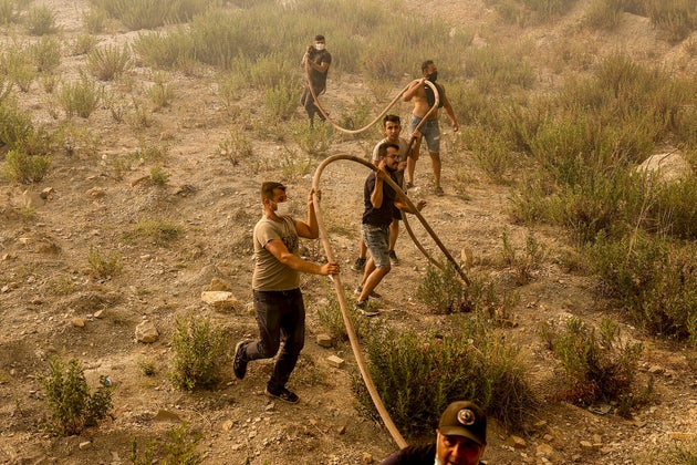 People help with the fight against forest fires broke out in Manavgat district of Antalya.