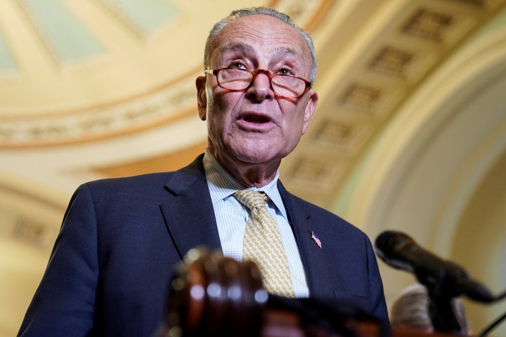 Senate Majority Leader Chuck Schumer (D-N.Y.) speaks after a Democratic policy luncheon on Capitol Hill in Washington, D.C., July 27.