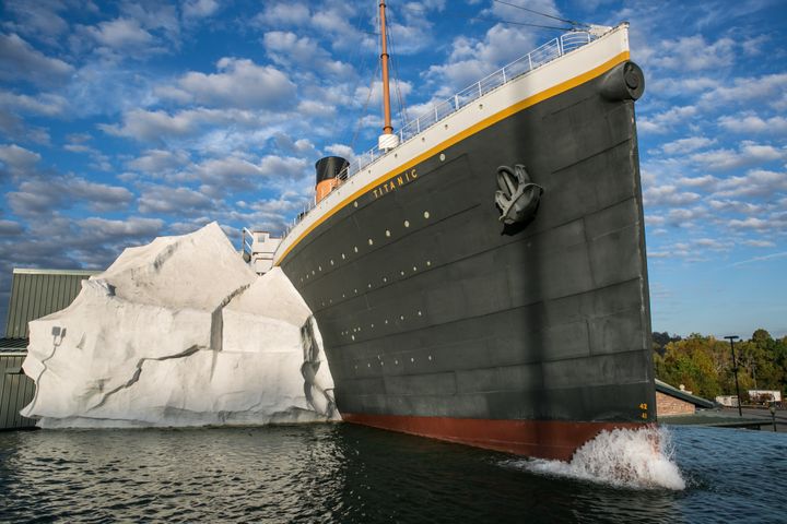 A half-scale replica of the Titanic hitting an iceberg is a main feature of the Titanic Museum as viewed in October 2016.