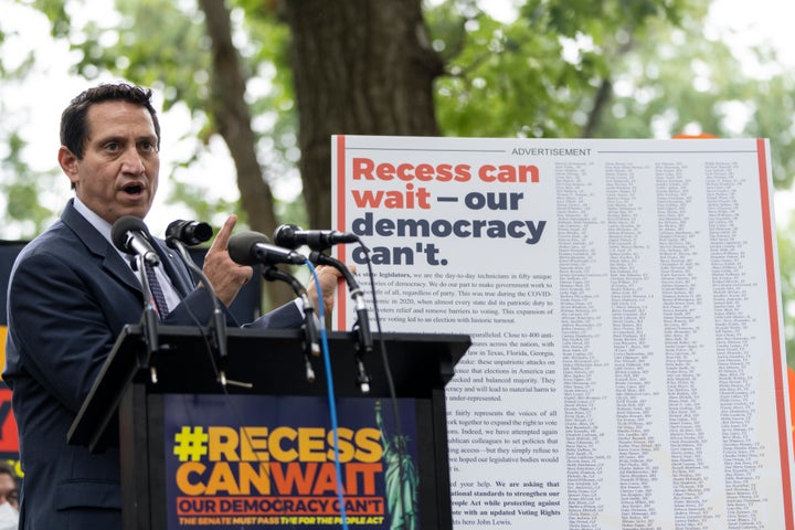 Texas state Rep. Trey Martinez Fischer speaks during a rally about voting rights and ending the filibuster near the U.S. Capitol on Aug. 3, 2021.