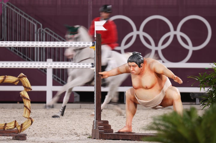 The sumo wrestler statue at the Tokyo Olympics' equestrian site is distracting some horses, competitors say.