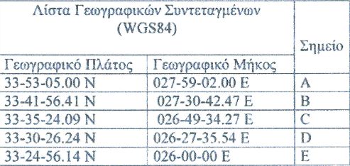 Ο πίνακας των γεωγραφικών συντεταγμένων, όπως παρουσιάζεται στο Παράρτημα 1 της Συμφωνίας μεταξύ Ελλάδας και Αιγύπτου.