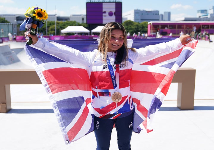 Great Britain's Sky Brown celebrates winning the bronze medal during the Women's Park Final at the Tokyo 2020 Olympic Games in Japan.