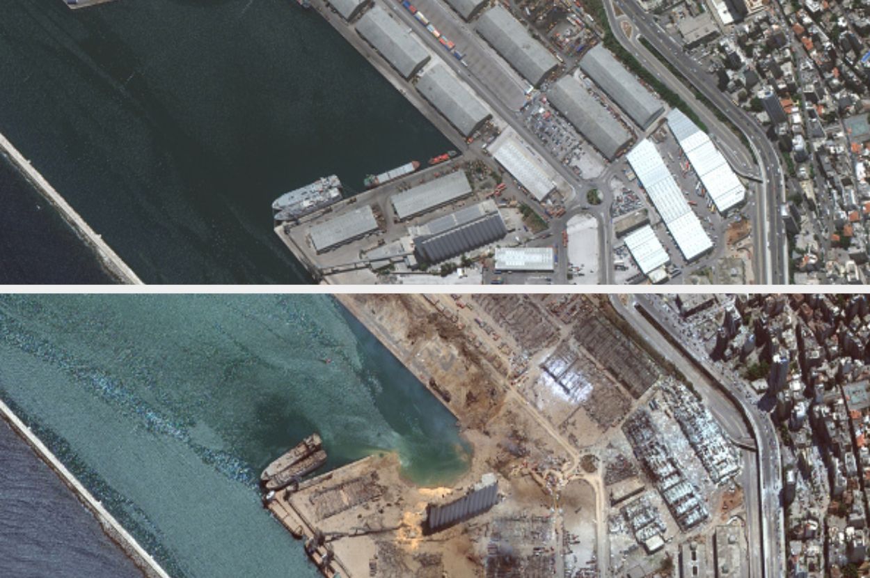 Το λιμάνι της Βηρυτού πριν και μετά την έκρηξη.