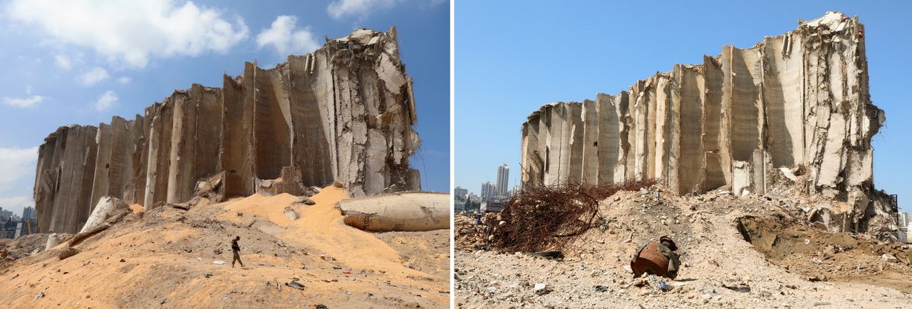 The grain silo just after the blast and then a year on (right).