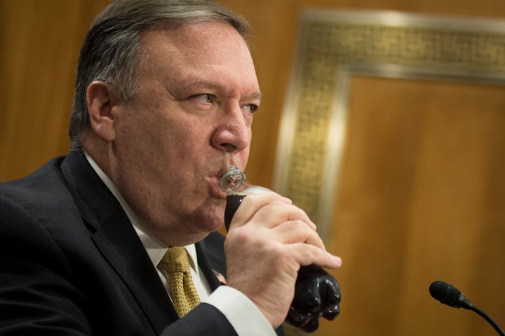 Mike Pompeo drinks a soda before he speaks to the Senate Foreign Relations Committee on Capitol Hill Thursday, May 24, 2018. (Photo By Sarah Silbiger/CQ Roll Call)