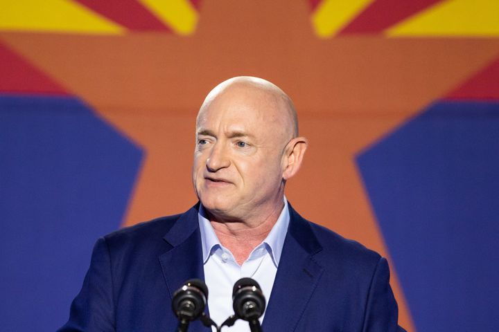 Mark Kelly, who was a Democratic Senate candidate at the time, speaks to supporters during an election night event in 2020. His seat is potentially vulnerable in the next election cycle.