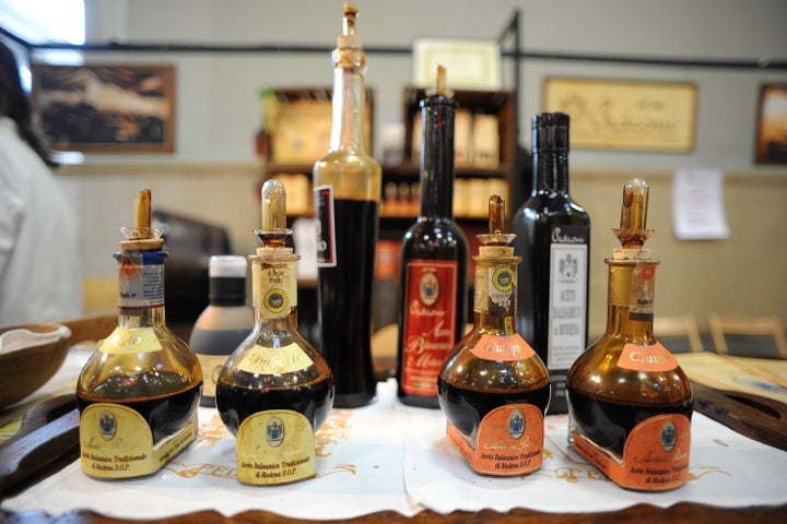 Balsamic vinegar from Modena is displayed with its proper labeling in Turin, Italy.